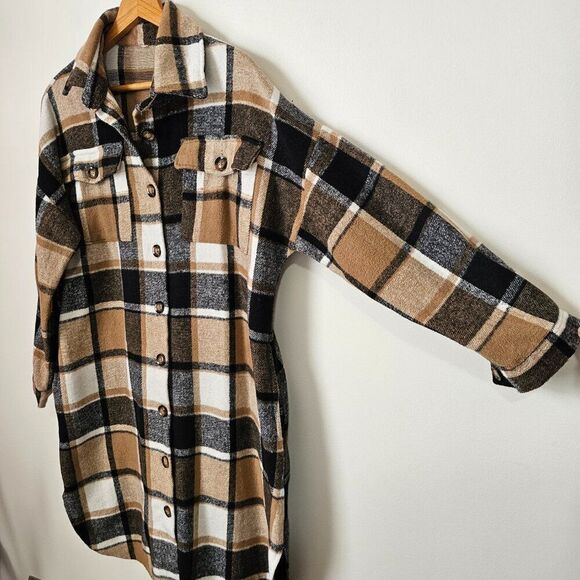 EUC AMAZING PLAID NEUTRAL COLORS LONG SHACKET SIZE M - Picture 2 of 15